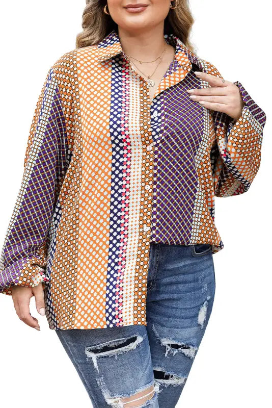 Brown dot print long sleeve button down shift shirt - tops