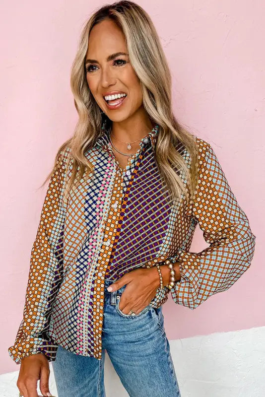 Brown dot print long sleeve button down shift shirt - tops