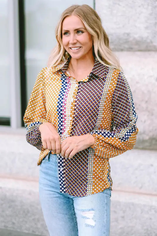 Brown dot print long sleeve button down shift shirt - tops