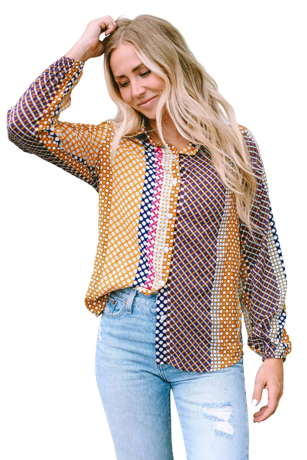 Brown dot print long sleeve button down shift shirt - tops