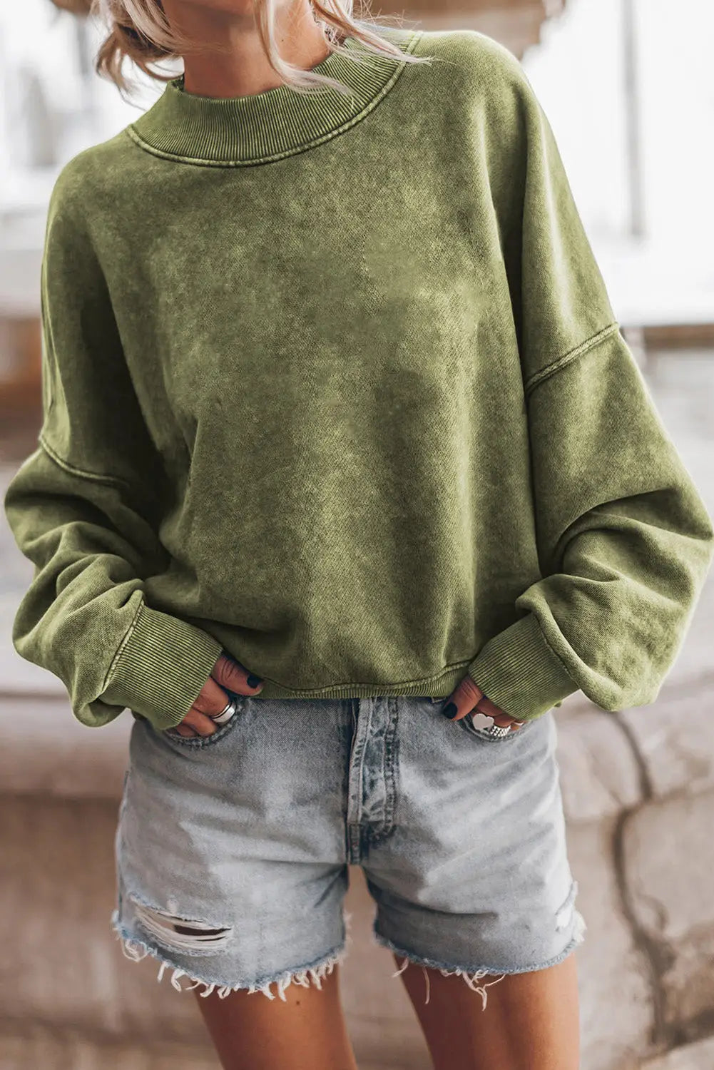 Brown drop shoulder crew neck pullover sweatshirt - green / s / 75% polyester + 25% cotton - tops