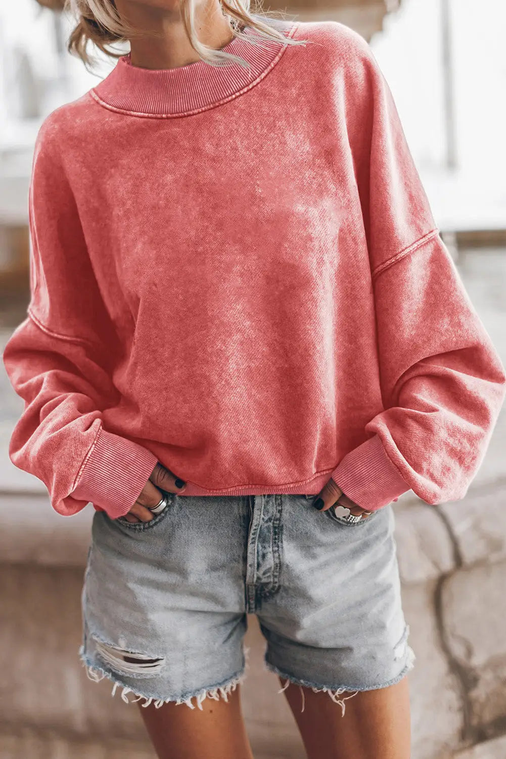 Brown drop shoulder crew neck pullover sweatshirt - red / s / 75% polyester + 25% cotton - tops