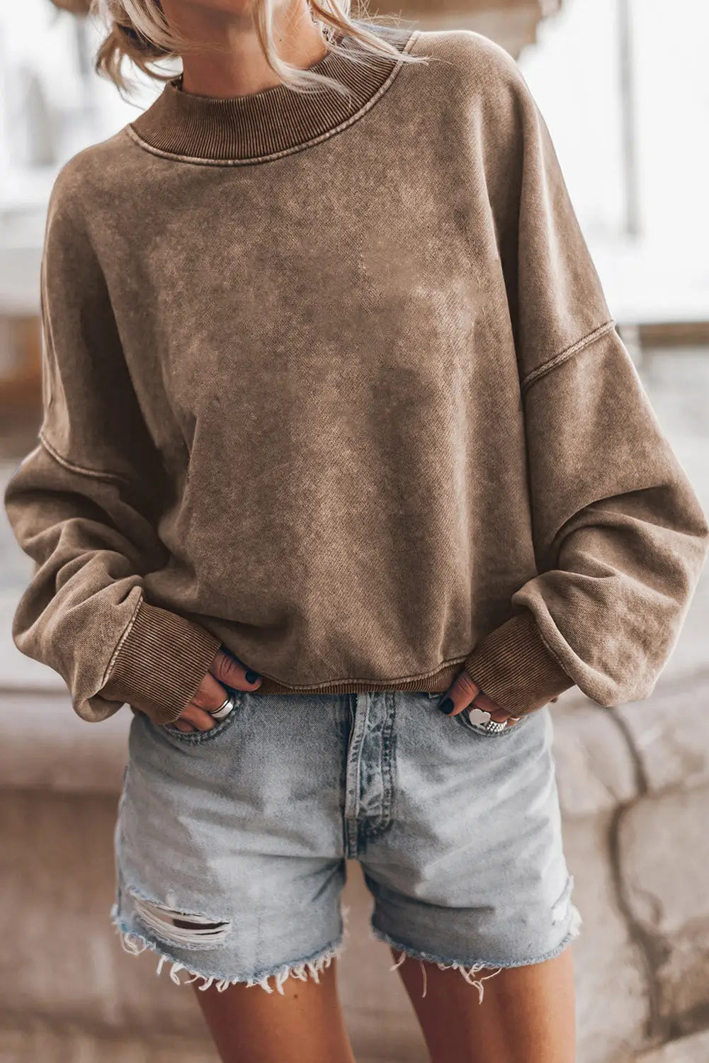 Brown drop shoulder crew neck pullover sweatshirt - s / 75% polyester + 25% cotton - tops
