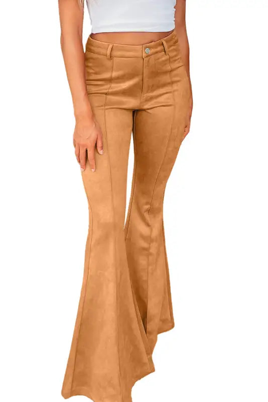 Bottoms brown exposed seam flare suede pants with pockets