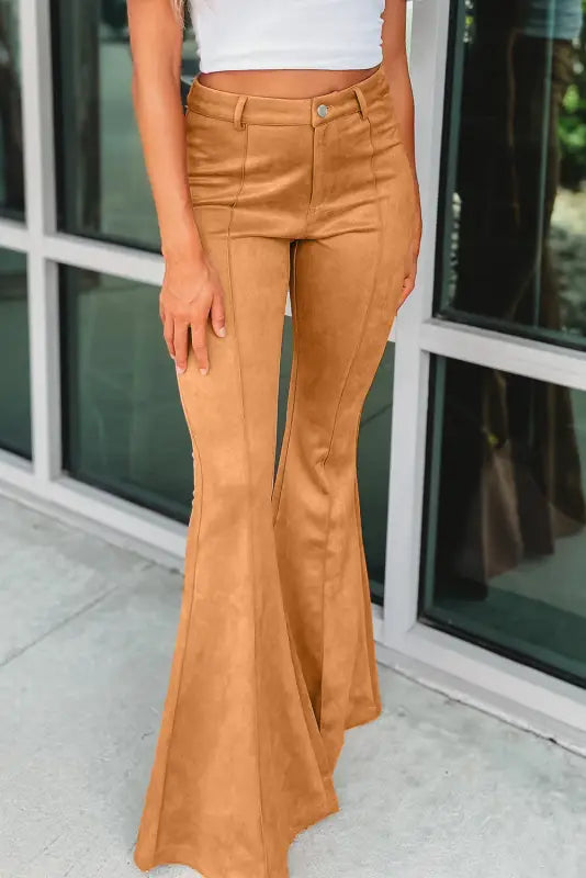 Bottoms brown exposed seam flare suede pants with pockets