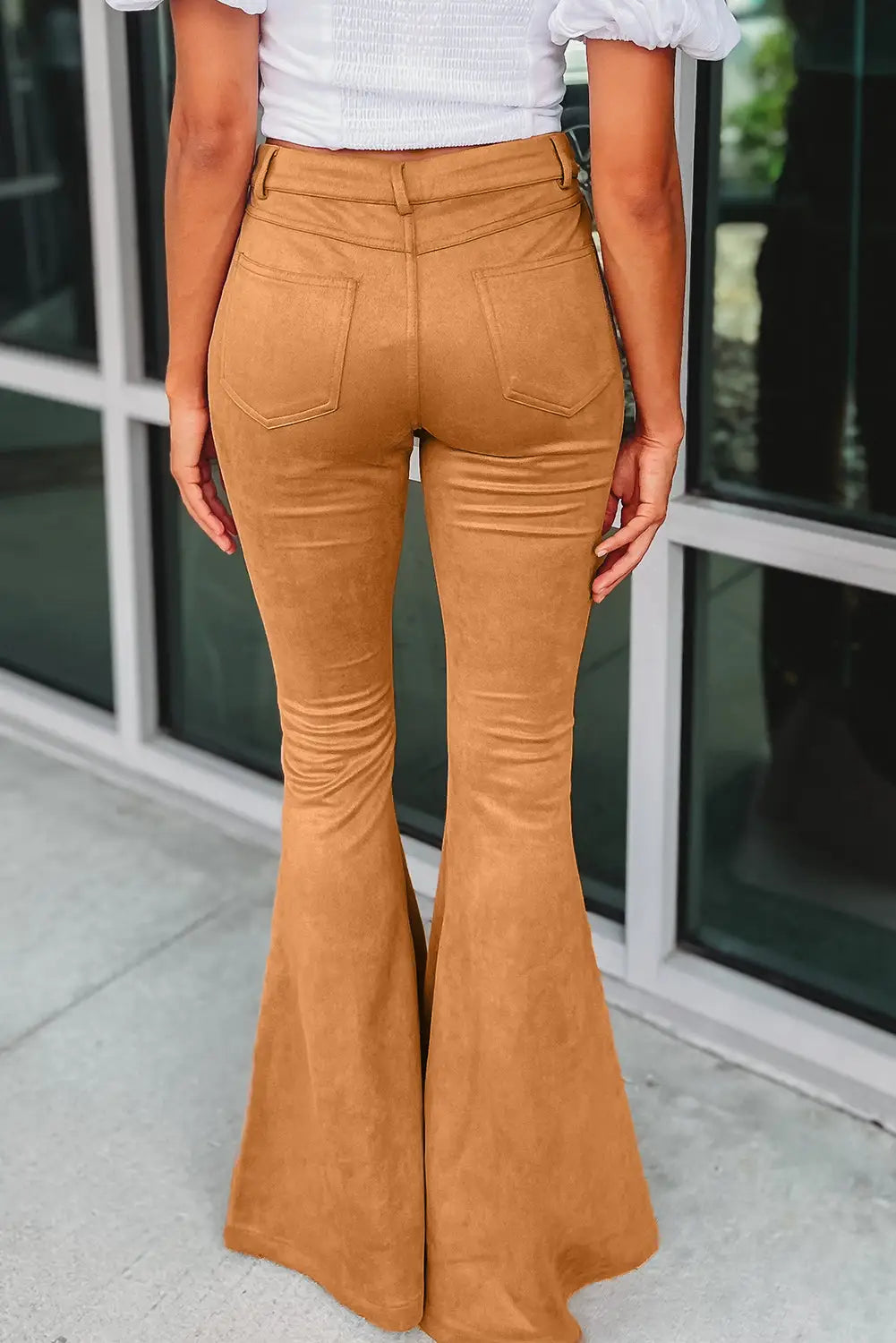 Brown exposed seam flare suede pants with pockets - wide leg
