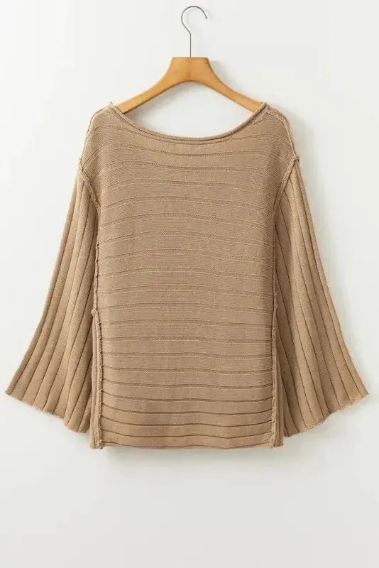 Brown Exposed Seam Ribbed Knit Dolman Top - Fashionfitz