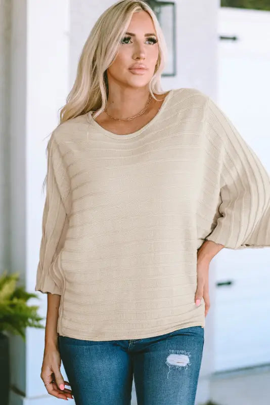 Brown exposed seam ribbed knit dolman top - apricot / s / 55% acrylic + 45% cotton - tops