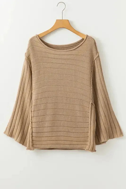 Brown Exposed Seam Ribbed Knit Dolman Top - Fashionfitz