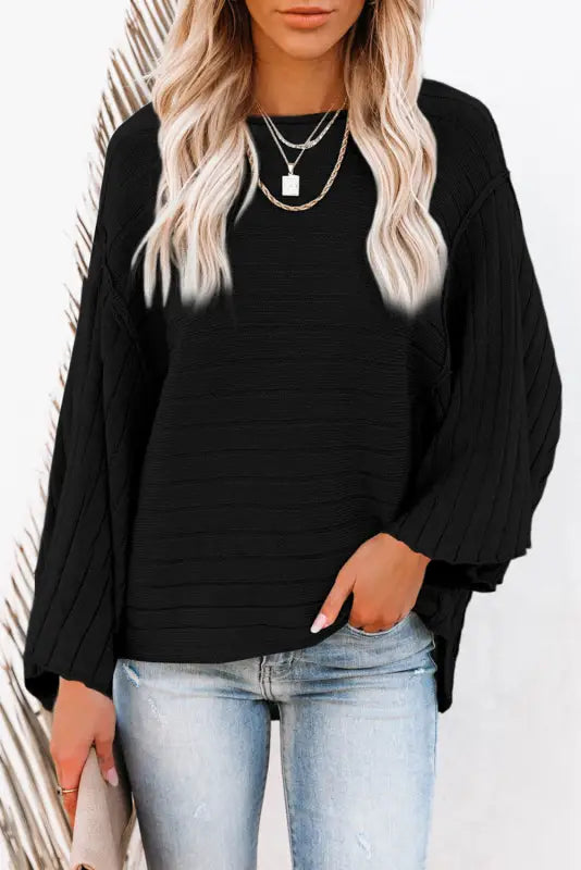 Brown exposed seam ribbed knit dolman top - black / s / 55% acrylic + 45% cotton - tops