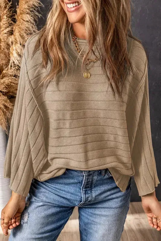 Brown Exposed Seam Ribbed Knit Dolman Top - Fashionfitz