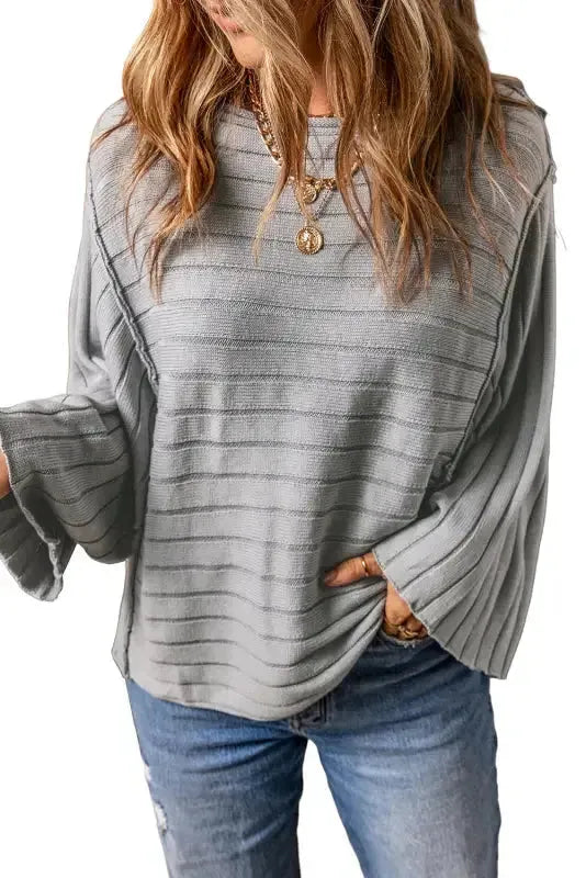 Brown Exposed Seam Ribbed Knit Dolman Top - Fashionfitz