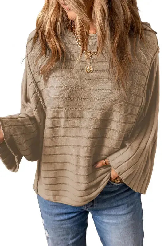 Brown Exposed Seam Ribbed Knit Dolman Top - Fashionfitz