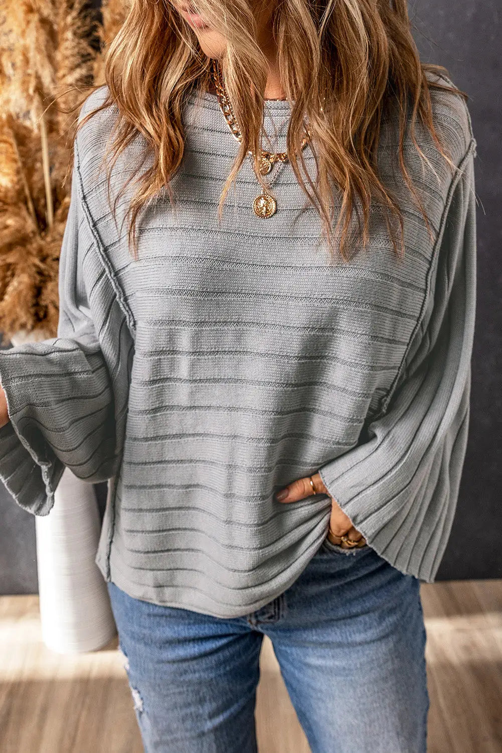 Brown exposed seam ribbed knit dolman top - gray / s / 55% acrylic + 45% cotton - sweater & cardigans