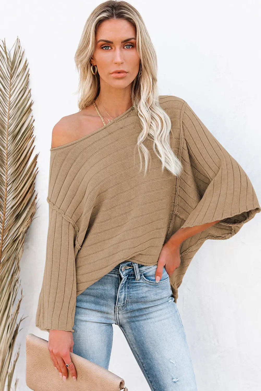 Brown exposed seam ribbed knit dolman top - sweater & cardigans