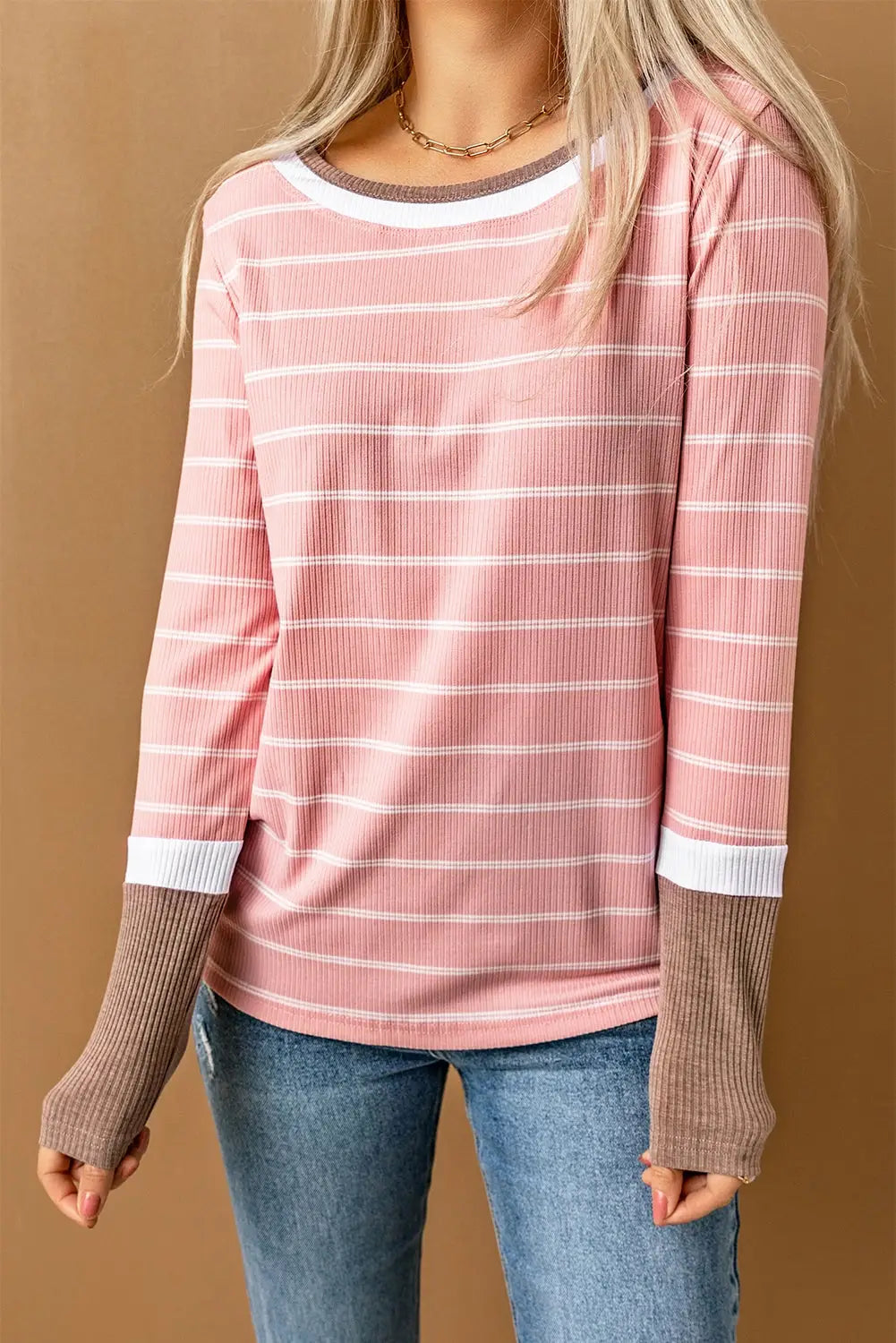 Brown extend color block cuffs rib knit striped pullover -