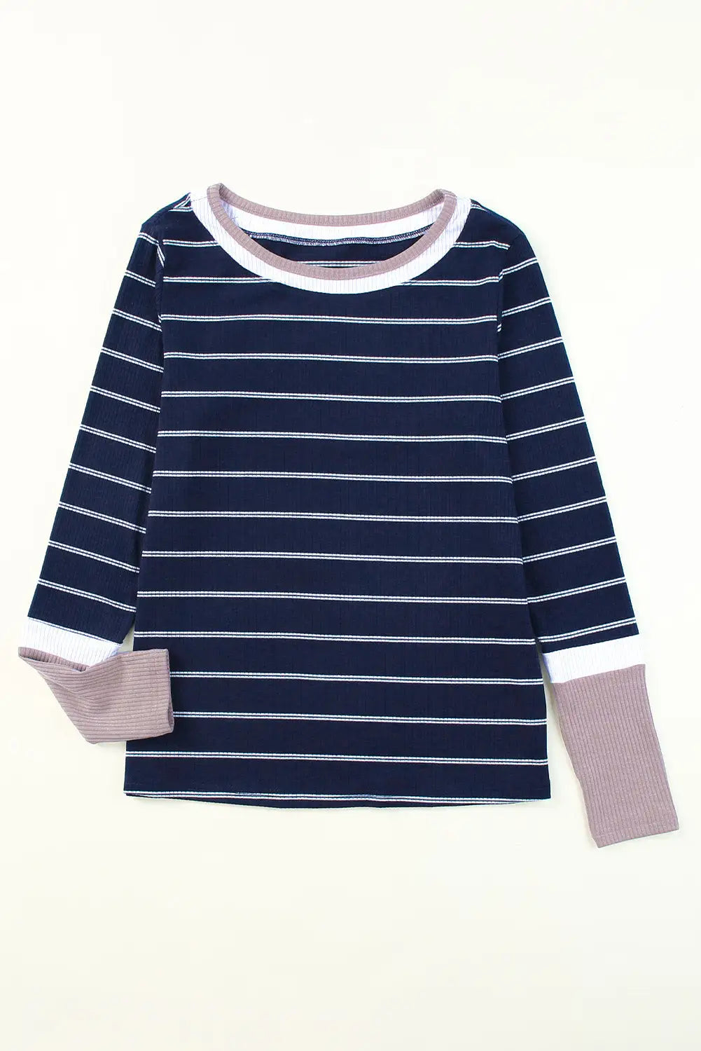 Brown extend color block cuffs rib knit striped pullover - long sleeve tops