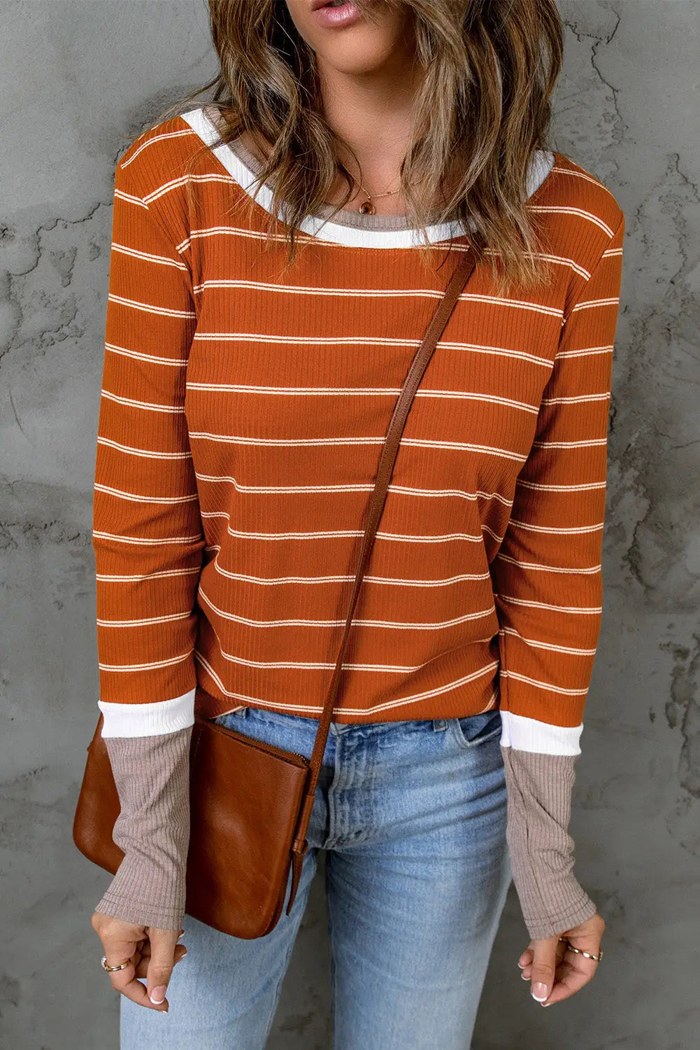 Brown extend color block cuffs rib knit striped pullover - long sleeve tops