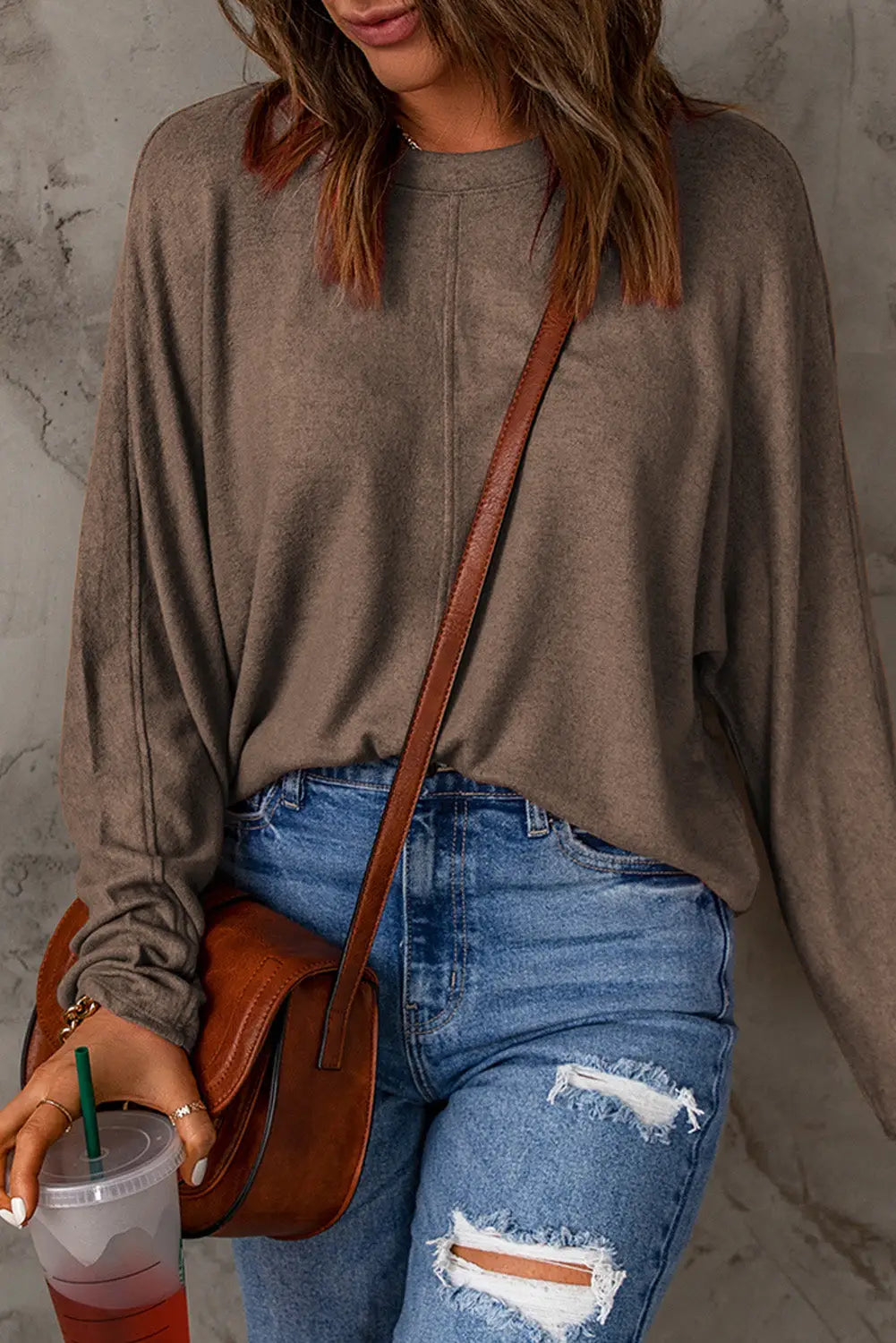 Brown fiery solid color patchwork long sleeve top - tops