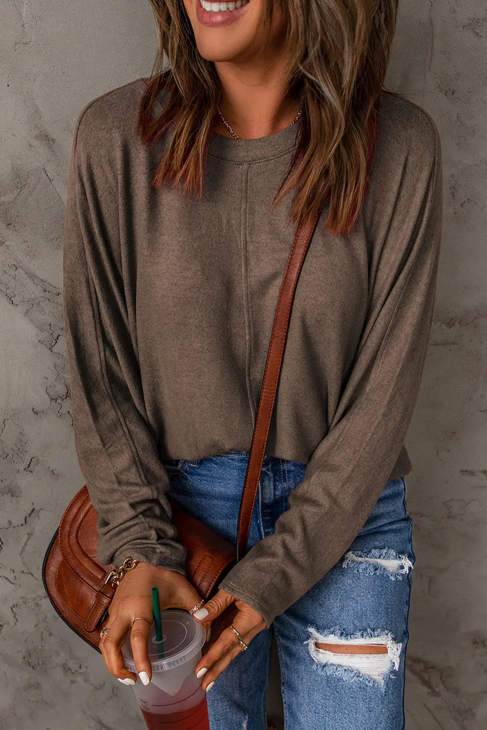 Brown fiery solid color patchwork long sleeve top - tops