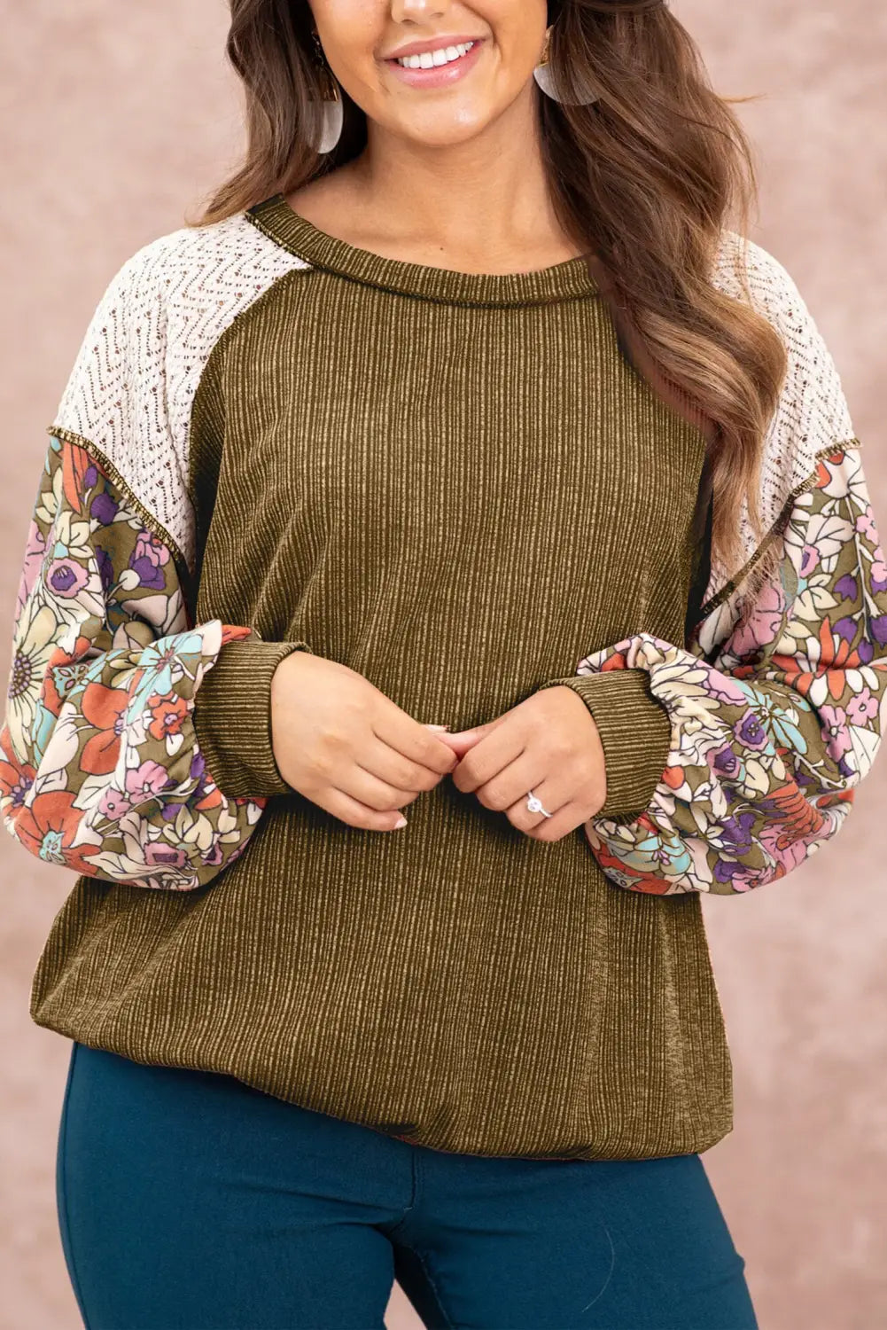 Brown floral patchwork puff sleeve textured blouse - l / 95% polyester + 5% elastane - blouses & shirts