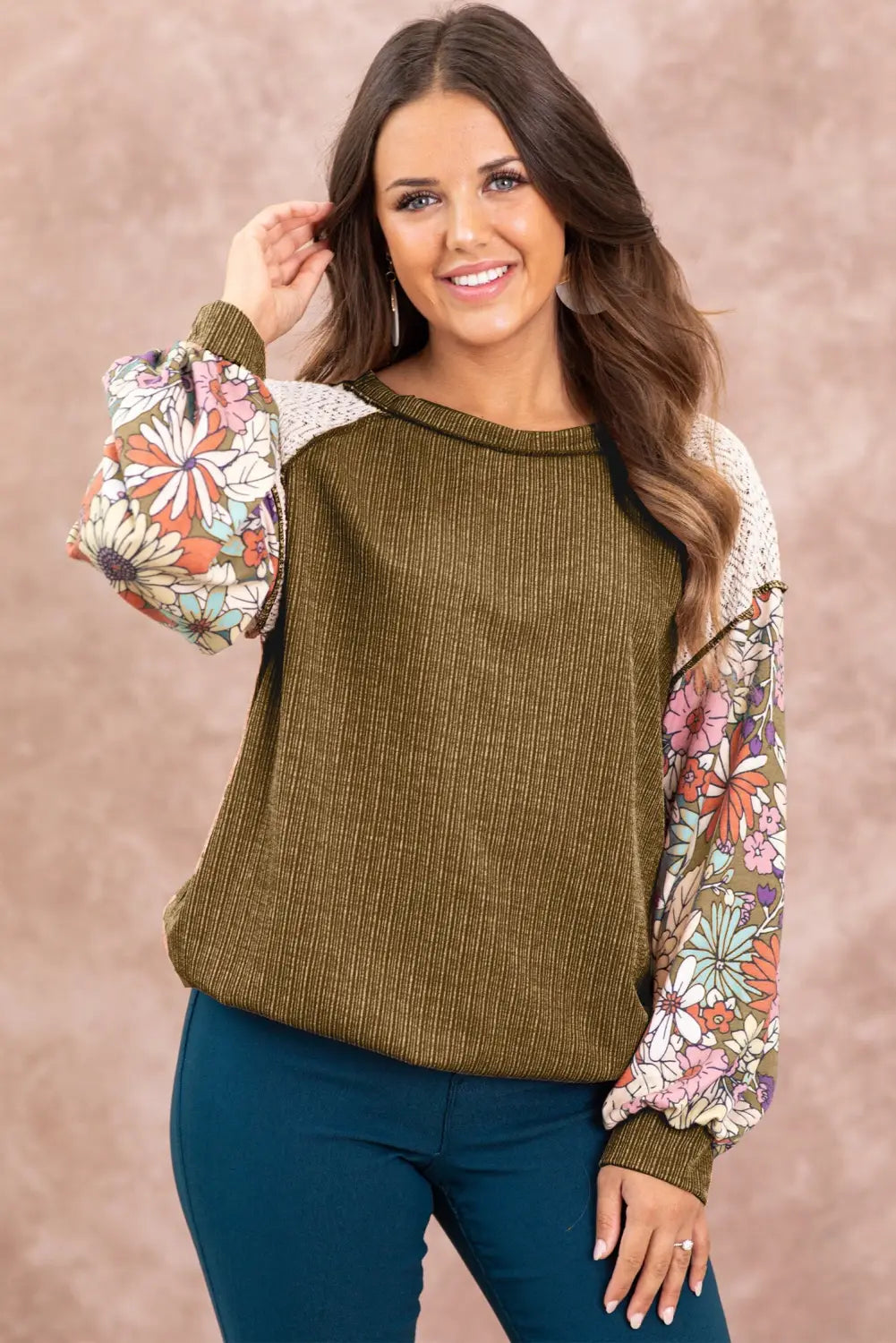 Brown floral patchwork puff sleeve textured blouse - blouses & shirts