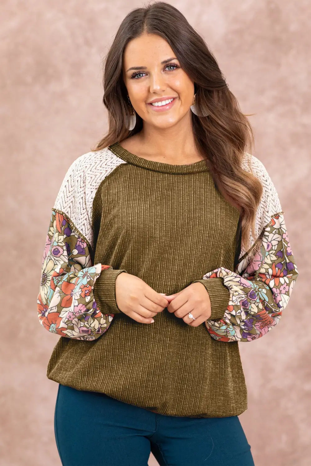 Brown floral patchwork puff sleeve textured blouse - blouses & shirts