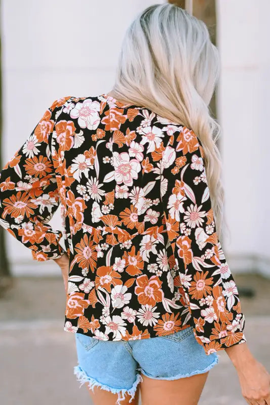 Brown floral print 3/4 sleeve babydoll blouse - tops