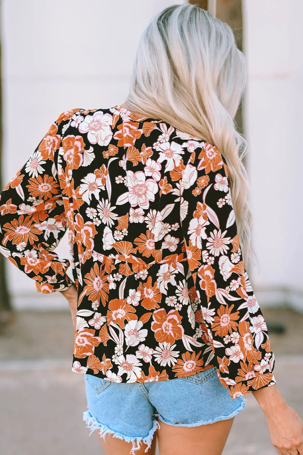 Brown floral print 3/4 sleeve babydoll blouse - tops
