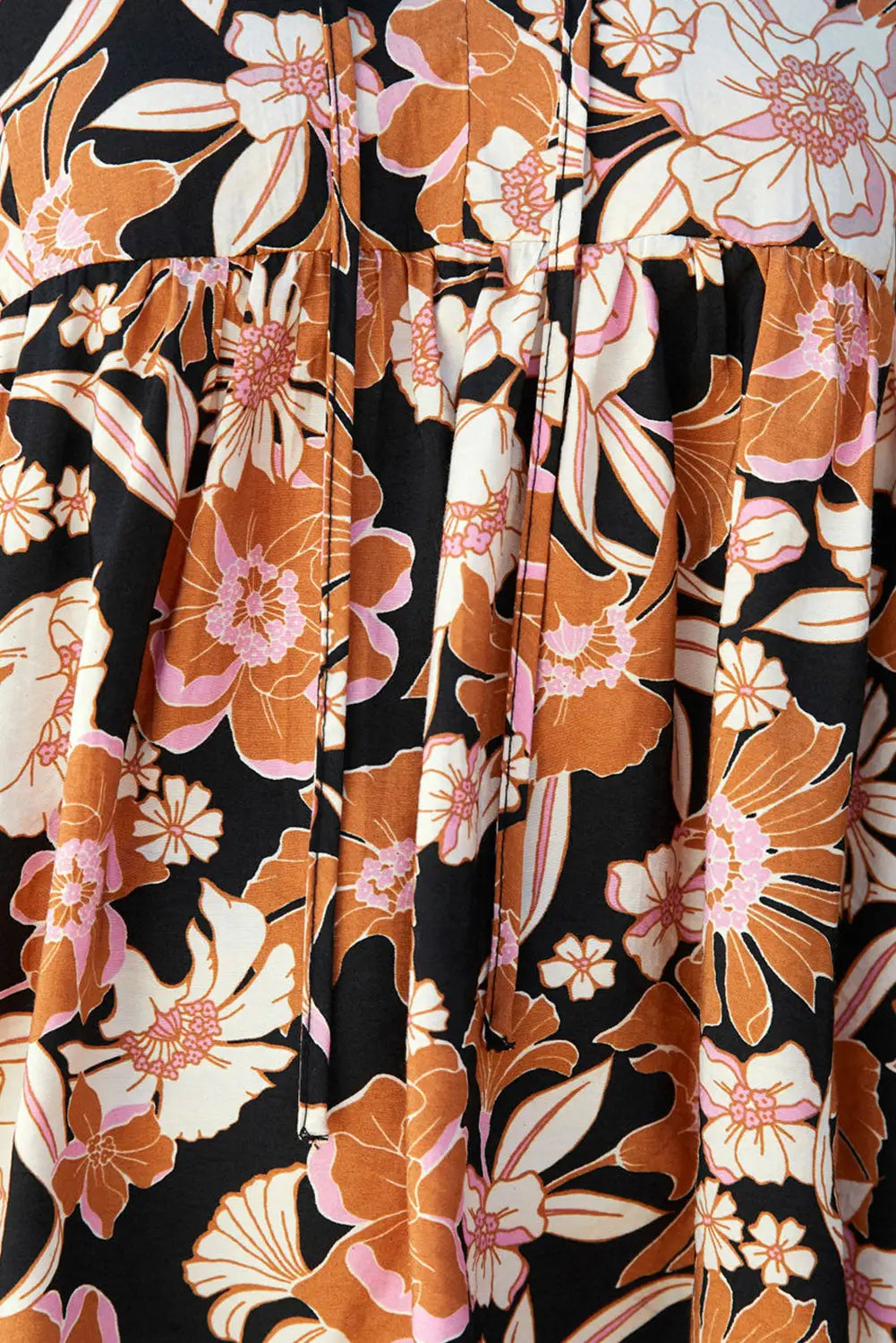 Brown floral print 3/4 sleeve babydoll blouse - tops