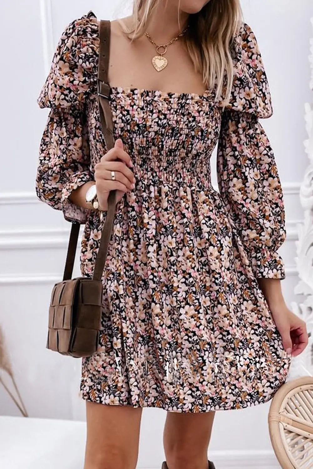 Brown floral puff sleeve square neck smocked pleated dress - dresses