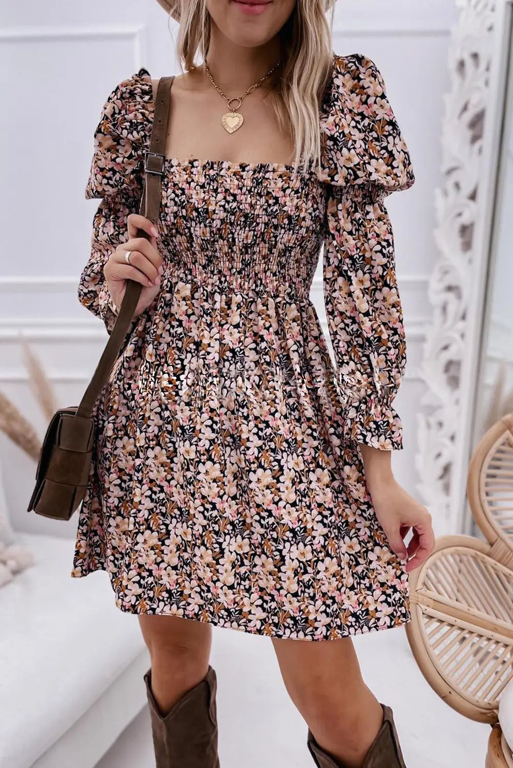 Brown floral puff sleeve square neck smocked pleated dress - s / 100% polyester - dresses