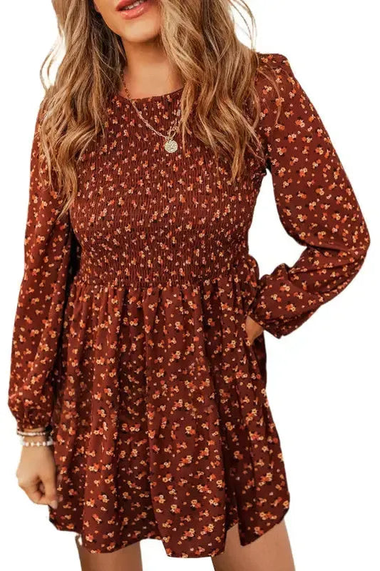 Brown Floral Smocked Bodice Mini Dress - Fashionfitz