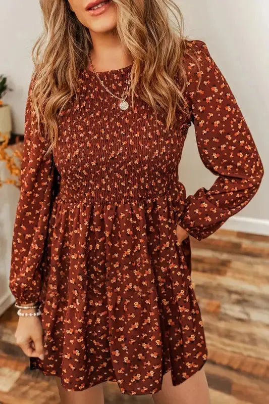 Brown Floral Smocked Bodice Mini Dress - Fashionfitz