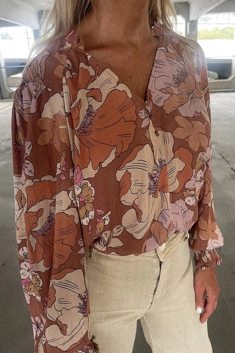 Brown frilled v neck bubble sleeve floral blouse - s / 100% viscose - blouses & shirts