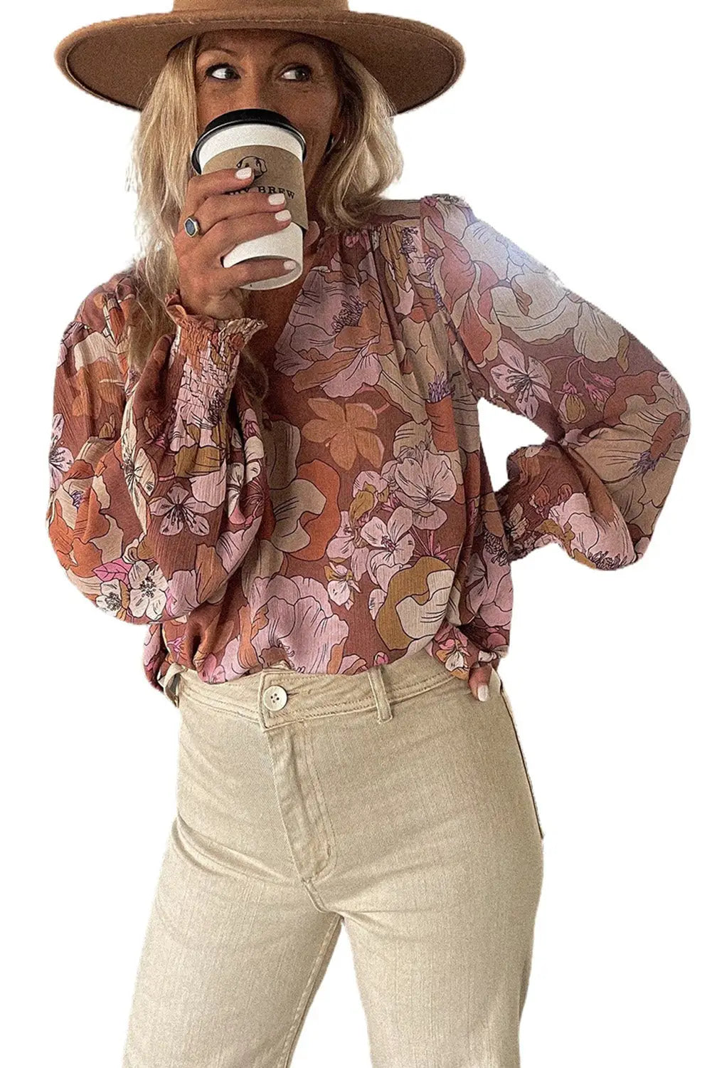 Brown frilled v neck bubble sleeve floral blouse - blouses & shirts