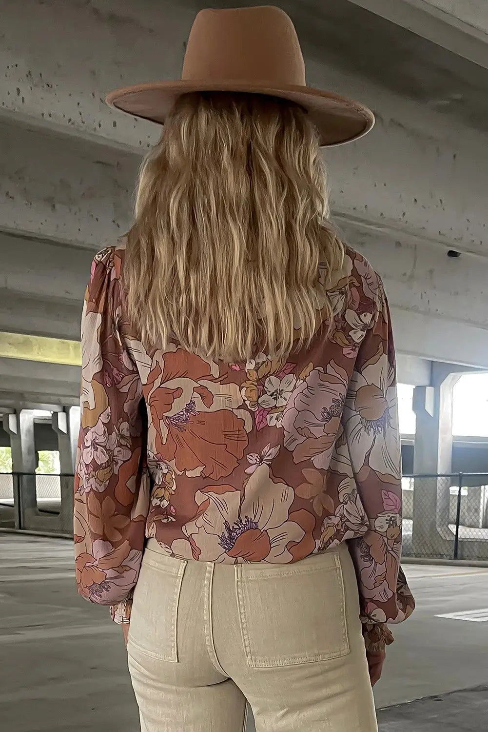 Brown frilled v neck bubble sleeve floral blouse - blouses & shirts