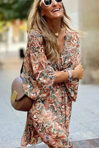 Brown Geometric Print Long Sleeve Surplice Flowy Dress - Fashionfitz