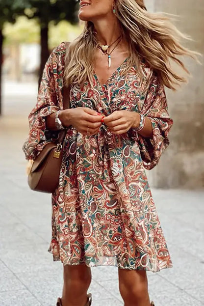 Brown geometric print long sleeve surplice flowy dress - s / 100% polyester - mini dresses