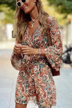 Brown Geometric Print Long Sleeve Surplice Flowy Dress - Fashionfitz