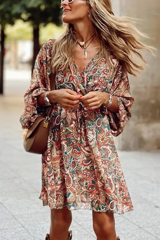 Brown geometric print long sleeve surplice flowy dress - mini dresses