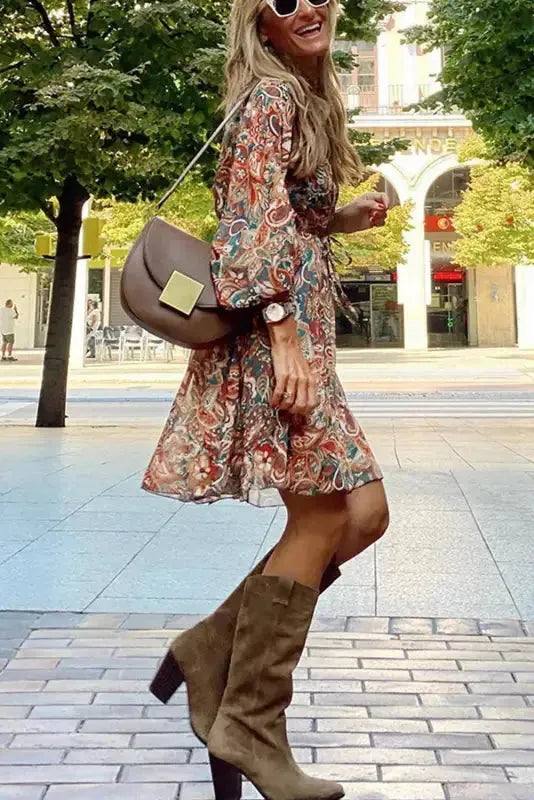 Brown Geometric Print Long Sleeve Surplice Flowy Dress - Fashionfitz