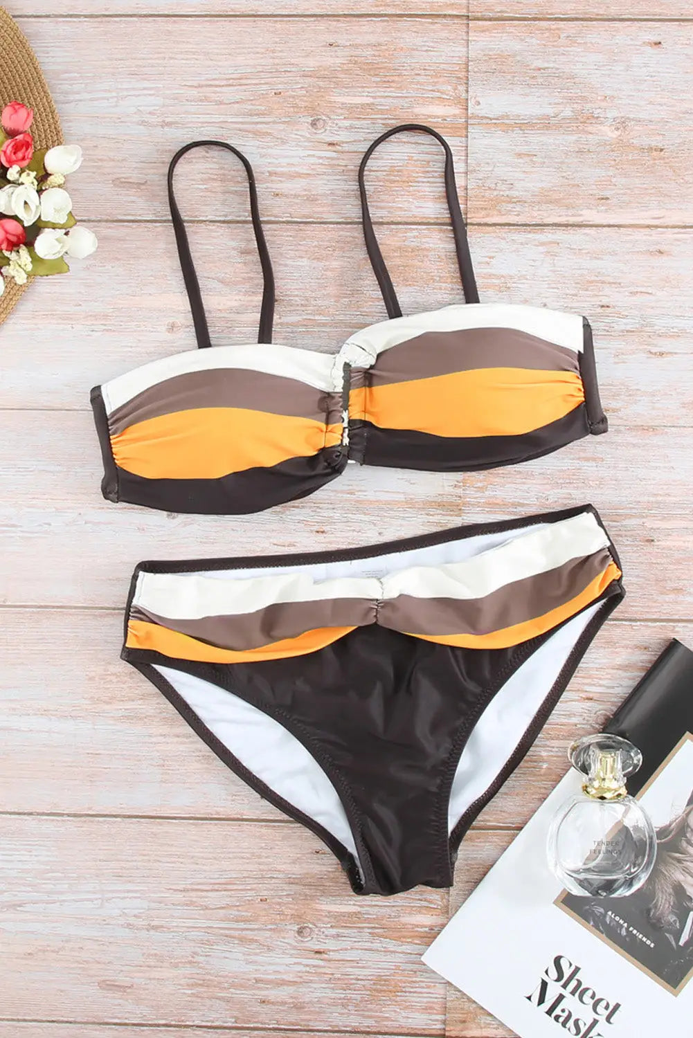 Brown gradient color block push up bikini swimwear - bikinis