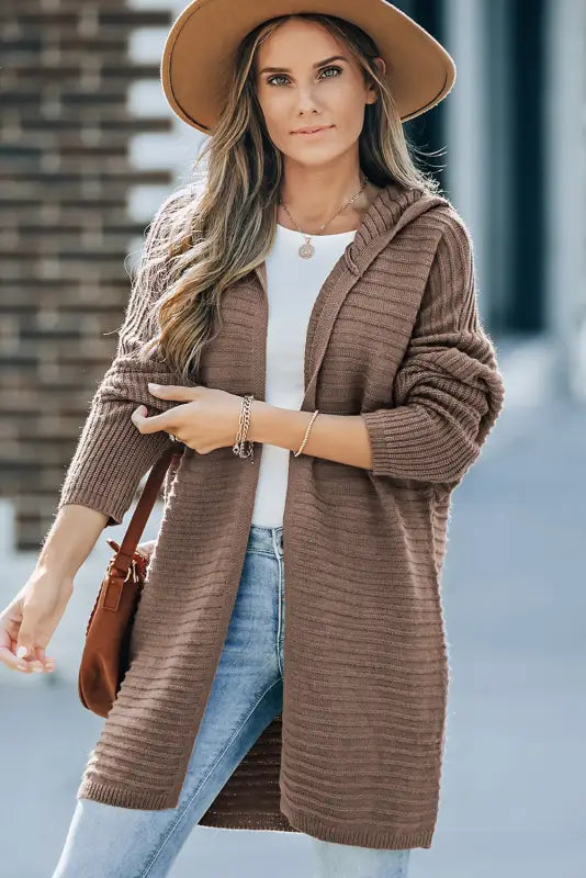 Brown horizontal rib knitted open front hooded cardigan - sweaters & cardigans