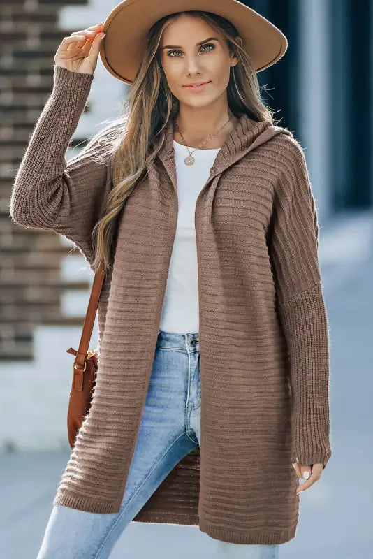 Brown horizontal rib knitted open front hooded cardigan - sweaters & cardigans