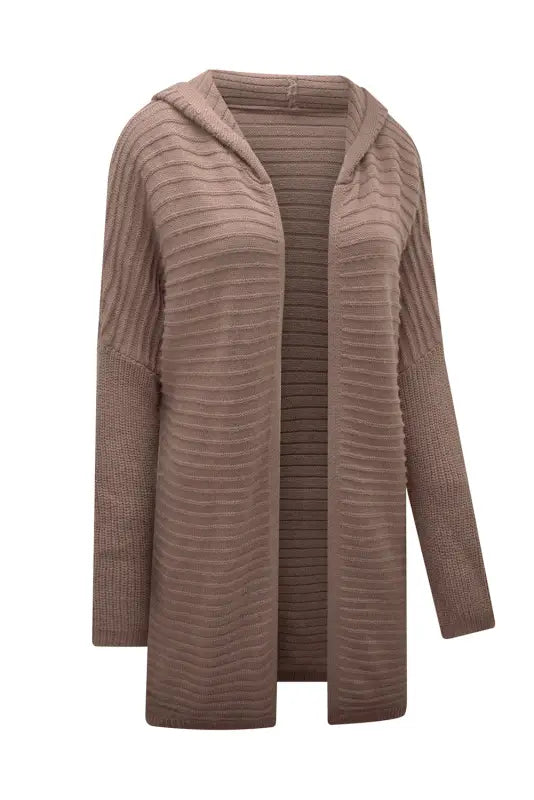 Brown horizontal rib knitted open front hooded cardigan - sweaters & cardigans