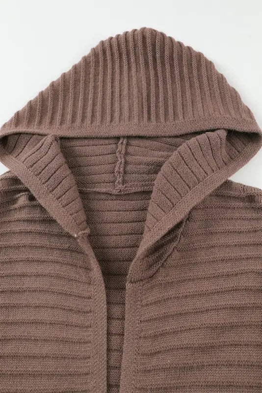 Brown horizontal rib knitted open front hooded cardigan - sweaters & cardigans