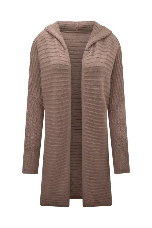 Brown horizontal rib knitted open front hooded cardigan - sweaters & cardigans