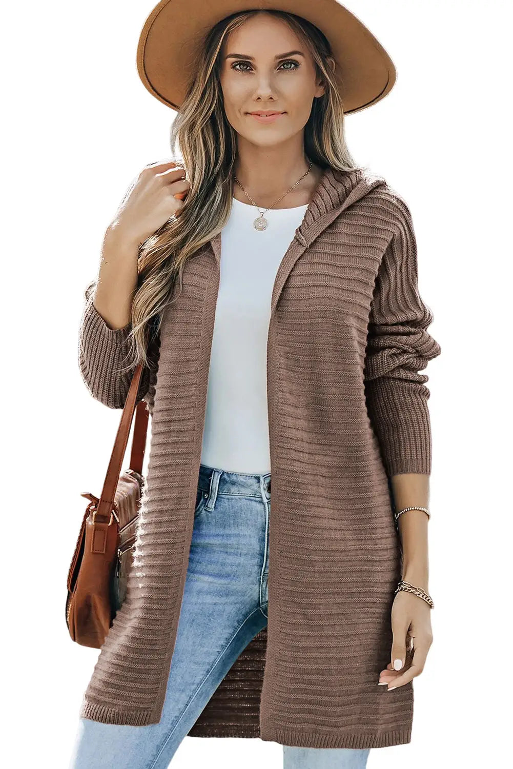 Brown horizontal rib knitted open front hooded cardigan - sweaters & cardigans