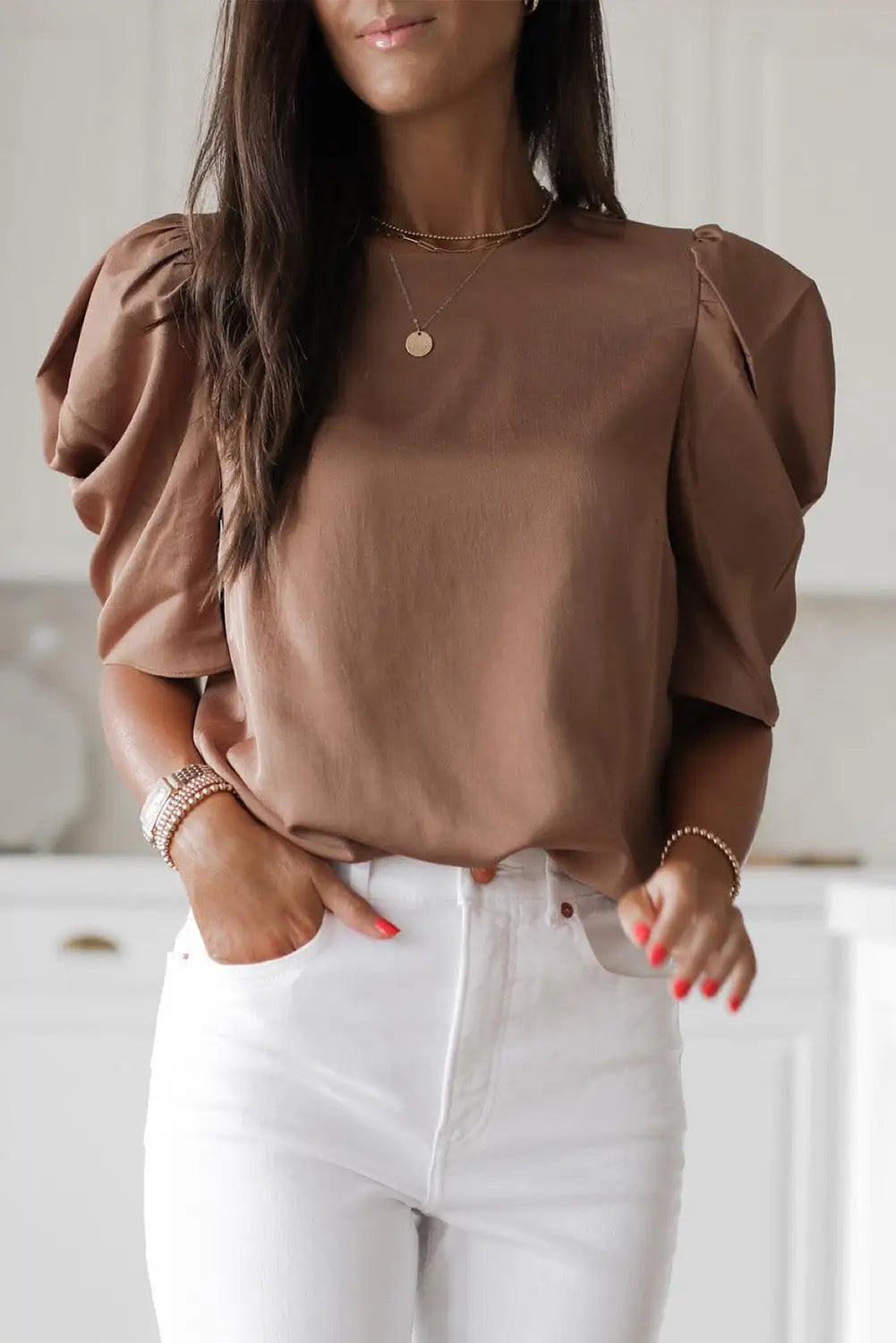 Brown keyhole back puff sleeve crew neck top - s